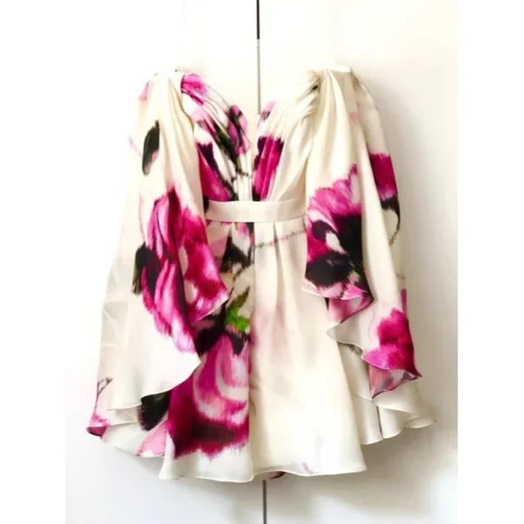 CAROLINA HERRERA Off The Shoulder Cape Effect Floral Print Silk Organza Dress